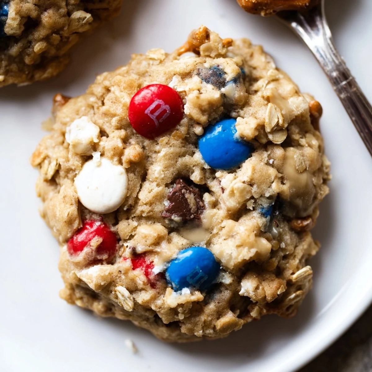 Freshly baked Patriotic Monster Cookies Recipe, chewy oats and peanut butter aroma
