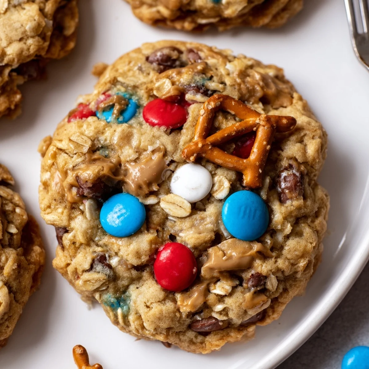 Patriotic Monster Cookies Recipe displayed on picnic plate, red white blue candies