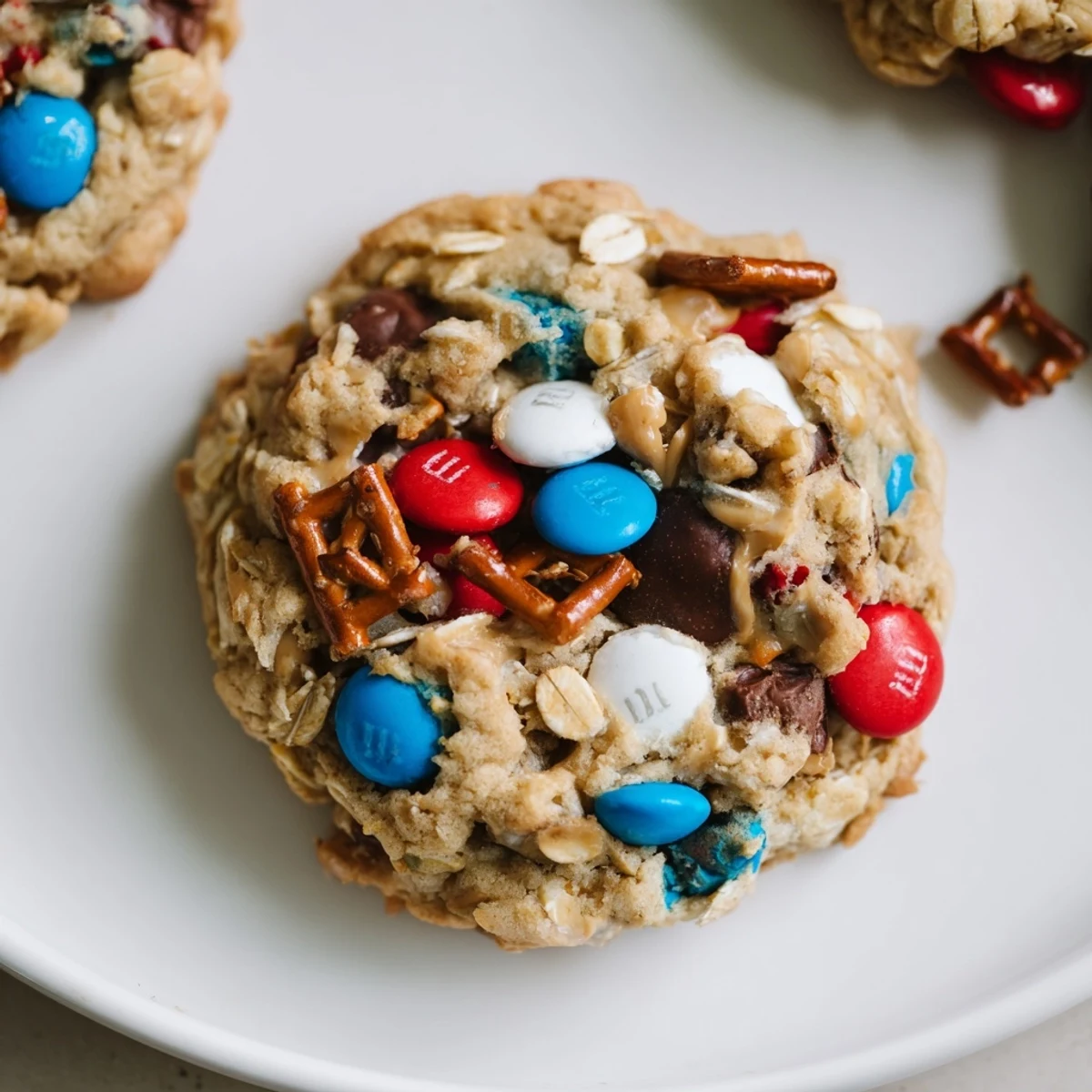 Warm Patriotic Monster Cookies Recipe cooling on rack, gooey chocolate chips