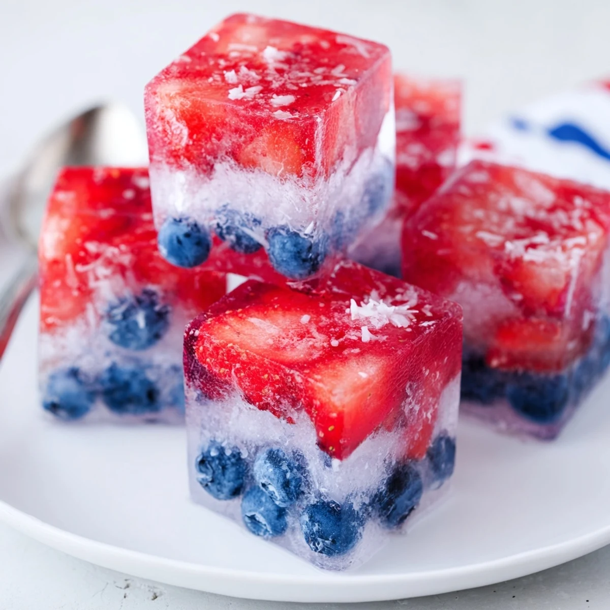 Close-up shows Red White And Blue Ice Cubes Recipe with juicy strawberry tops