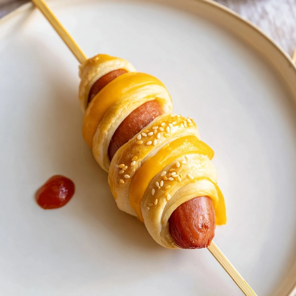 Golden baked Firecracker Hot Dogs wrapped in crescent dough, butter-glazed