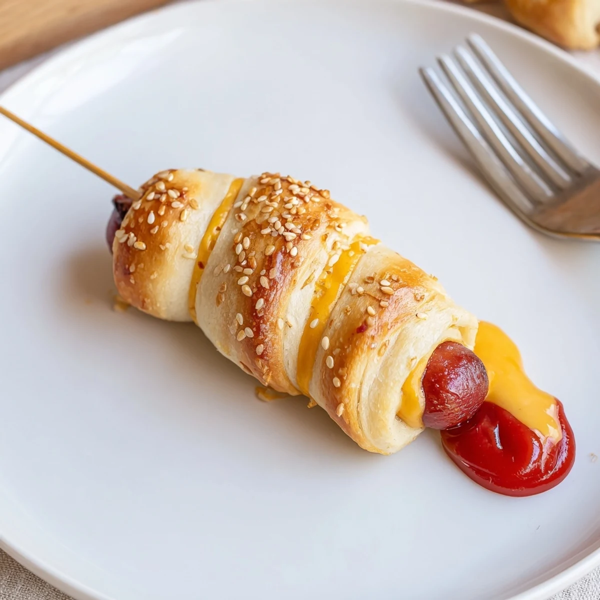 Skewered Firecracker Hot Dogs Recipe, sesame-speckled and served warm with ketchup
