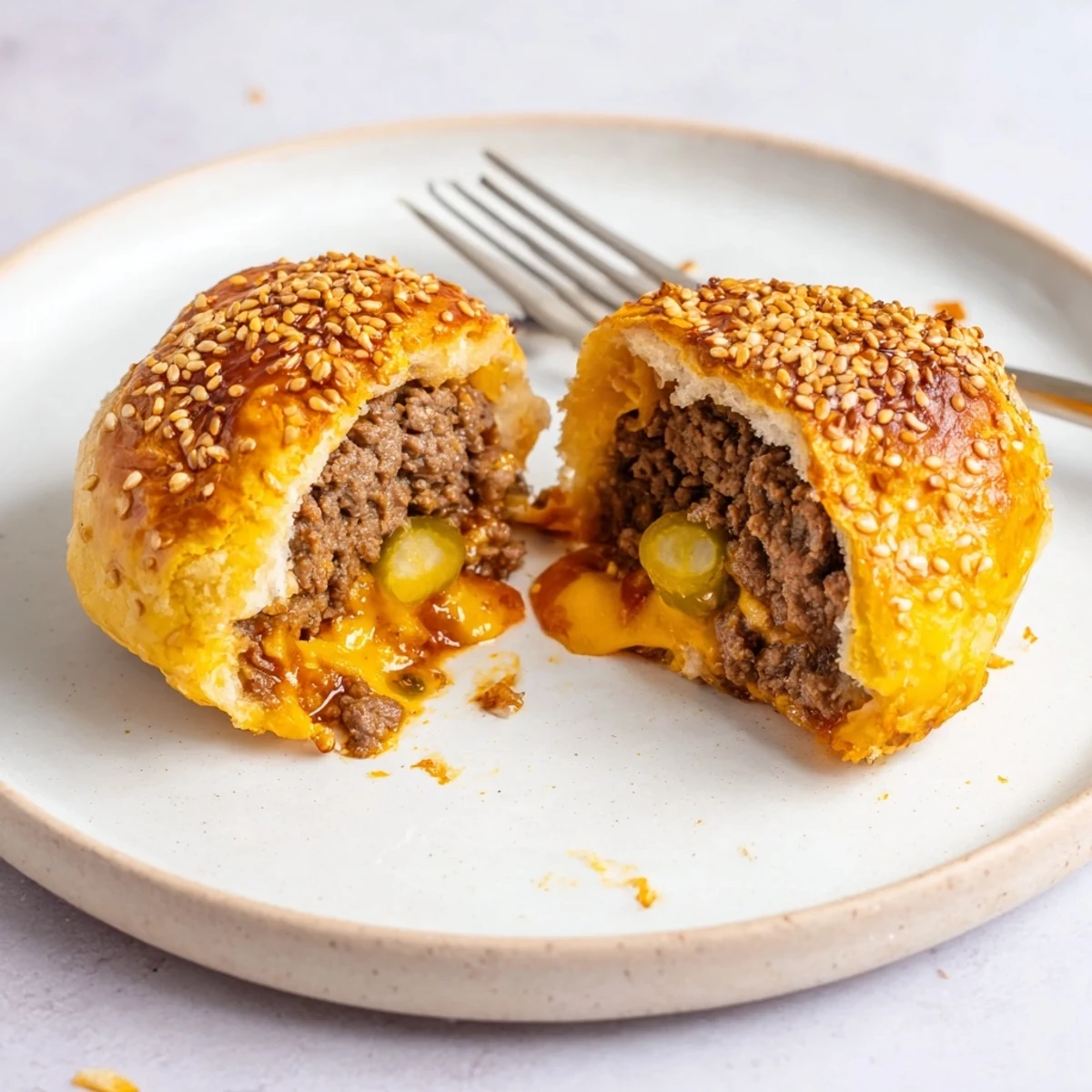Golden baked Cheesy Cheeseburger Bombs Explosion Recipe oozing melted cheese, topped with sesame.