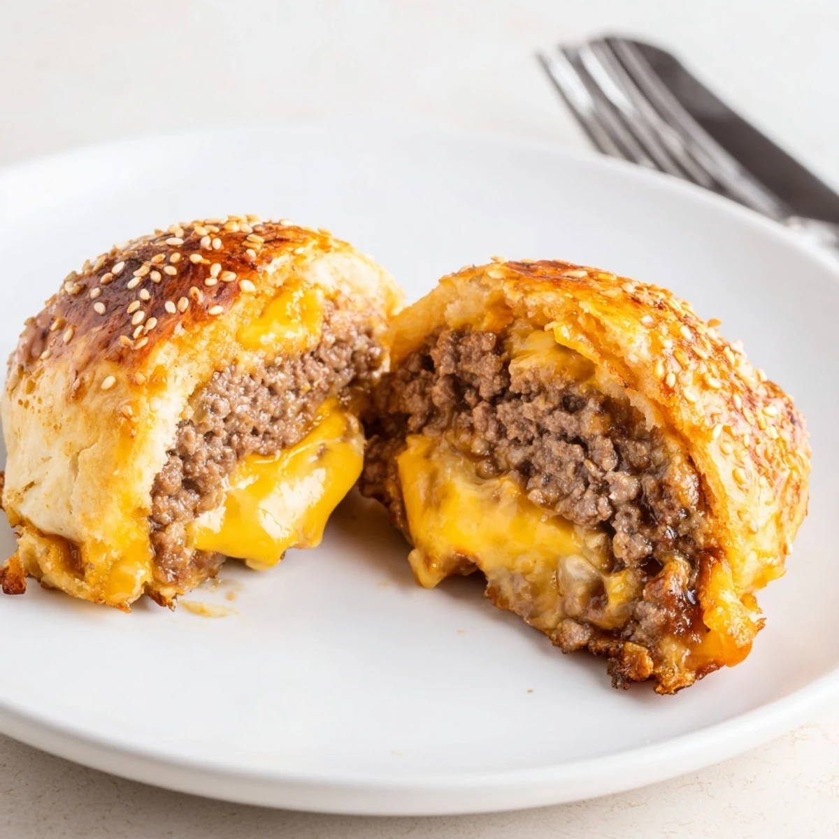 Close-up of Cheesy Cheeseburger Bombs Explosion Recipe, biscuit crust cracked, beef filling visible.