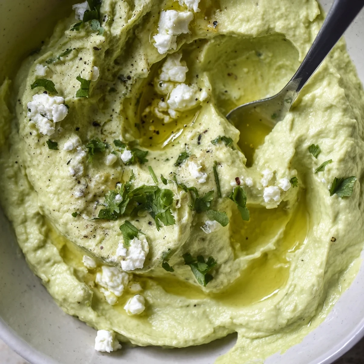 Creamy Avocado Feta Dip piled in bowl, drizzled olive oil, sprinkled cilantro