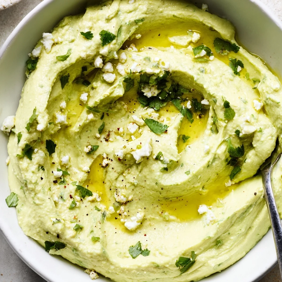 Served with warm pita, Creamy Avocado Feta Dip rests on rustic board
