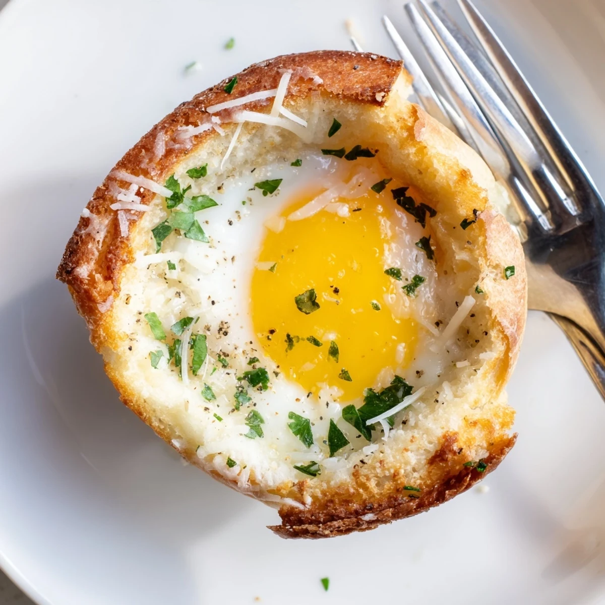 Buttery Lazy Garlic Bread Egg Cups topped with parsley, served with fruit