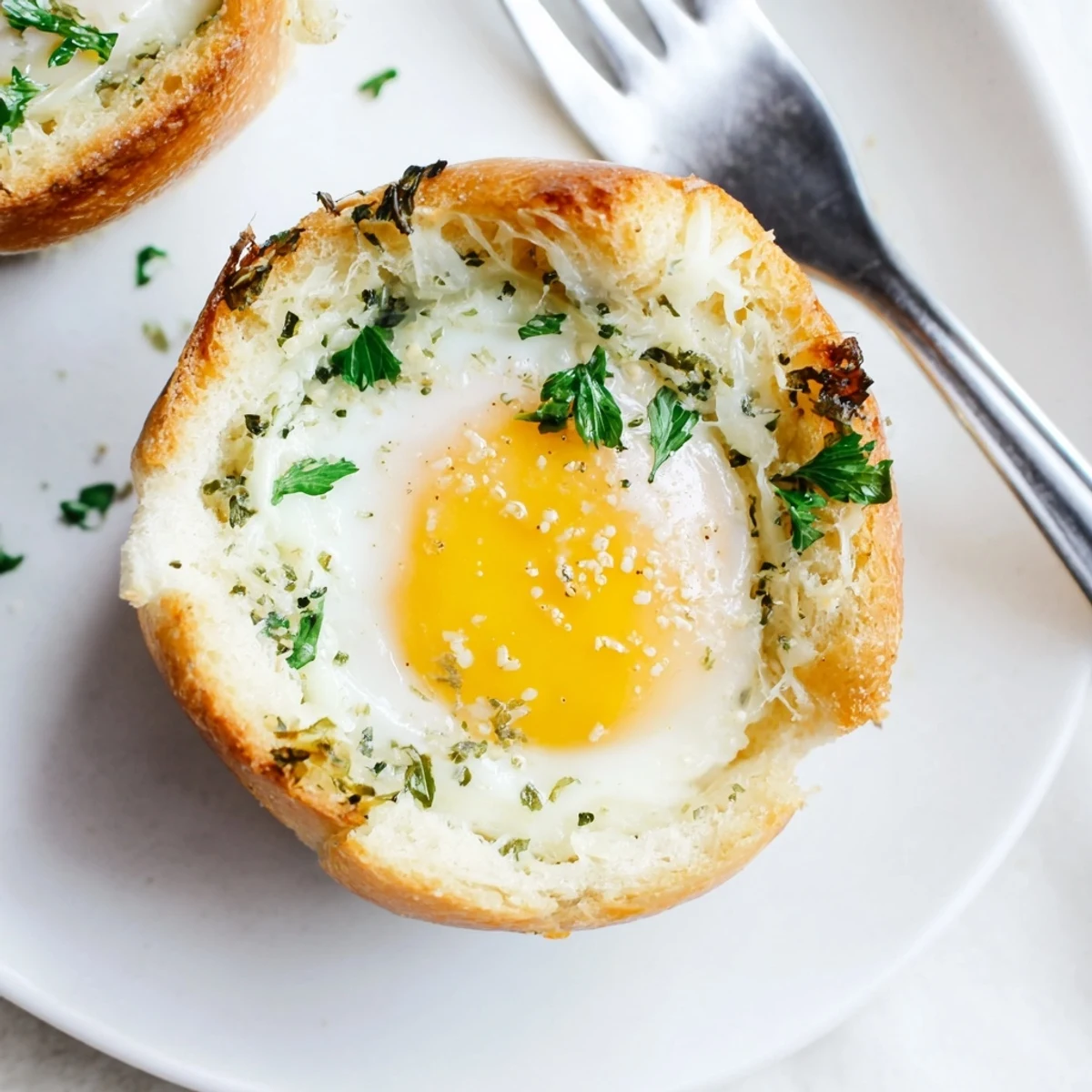 Baked Lazy Garlic Bread Egg Cups with crisp crust, gooey yolks visible