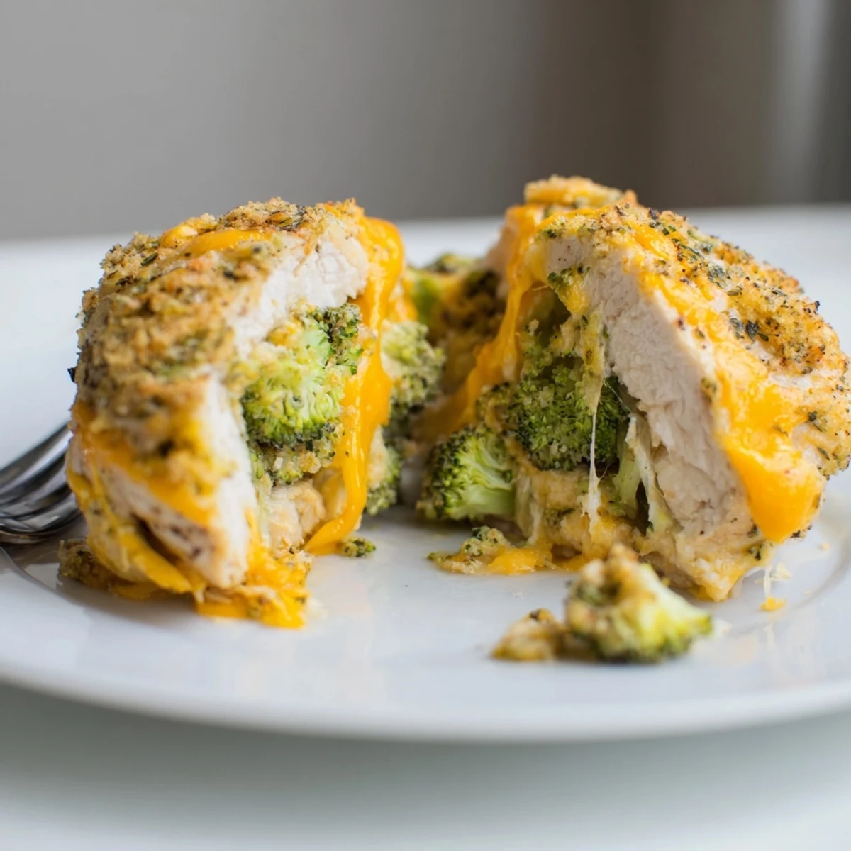 Broccoli Cheese Stuffed Chicken Breast with bubbling cheddar, golden baked, sliced revealing filling