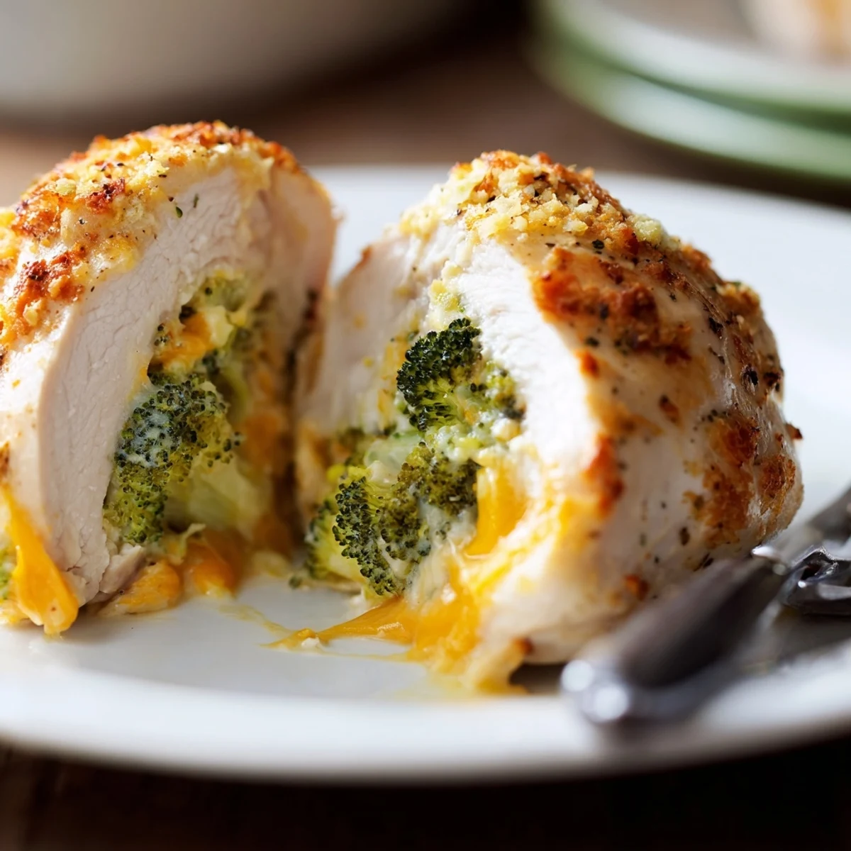 Oven-roasted Broccoli Cheese Stuffed Chicken Breast resting, juicy interior and herb aroma