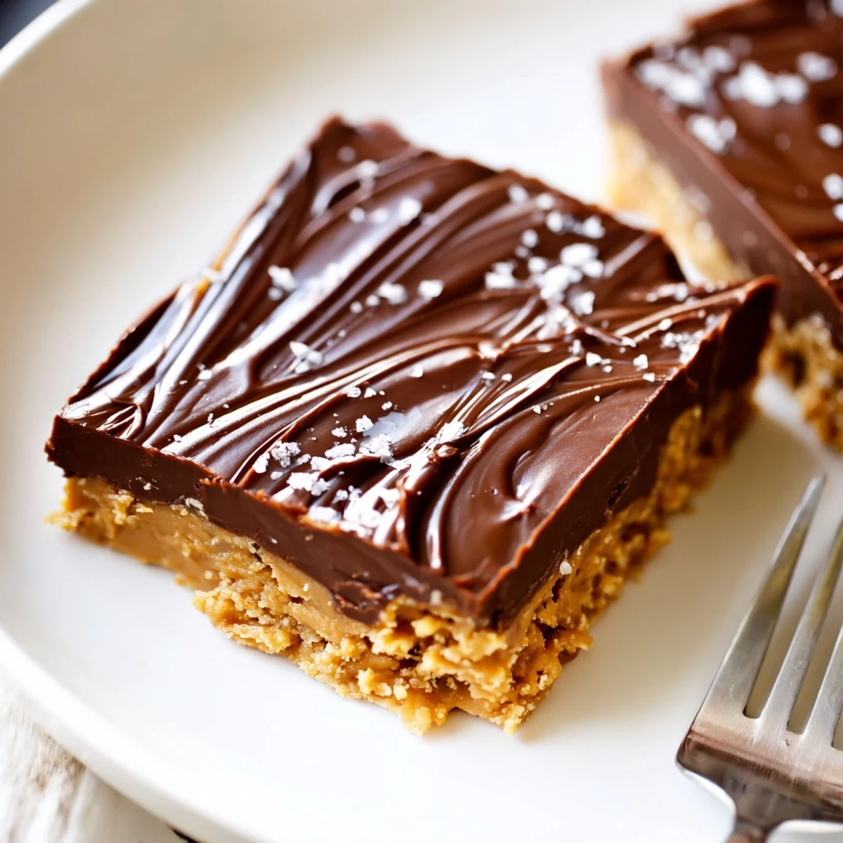 Tray of No Bake Peanut Butter Bars cut into squares, sprinkled with sea salt