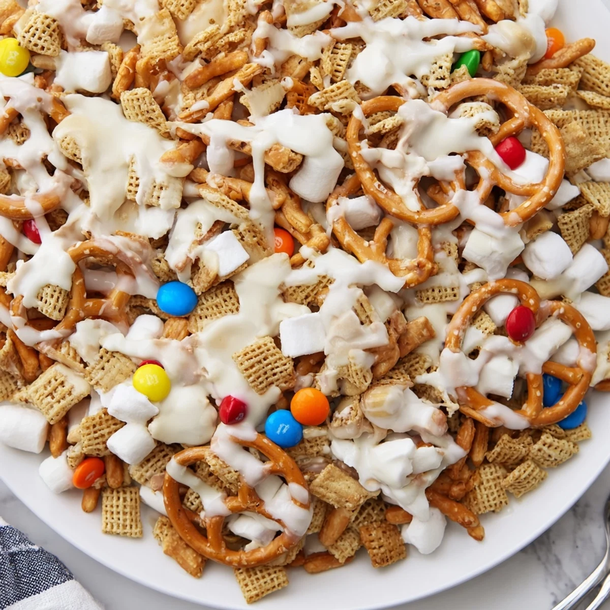 Homemade White Trash Snack Mix spread on baking sheet cooling, sweet-salty aroma