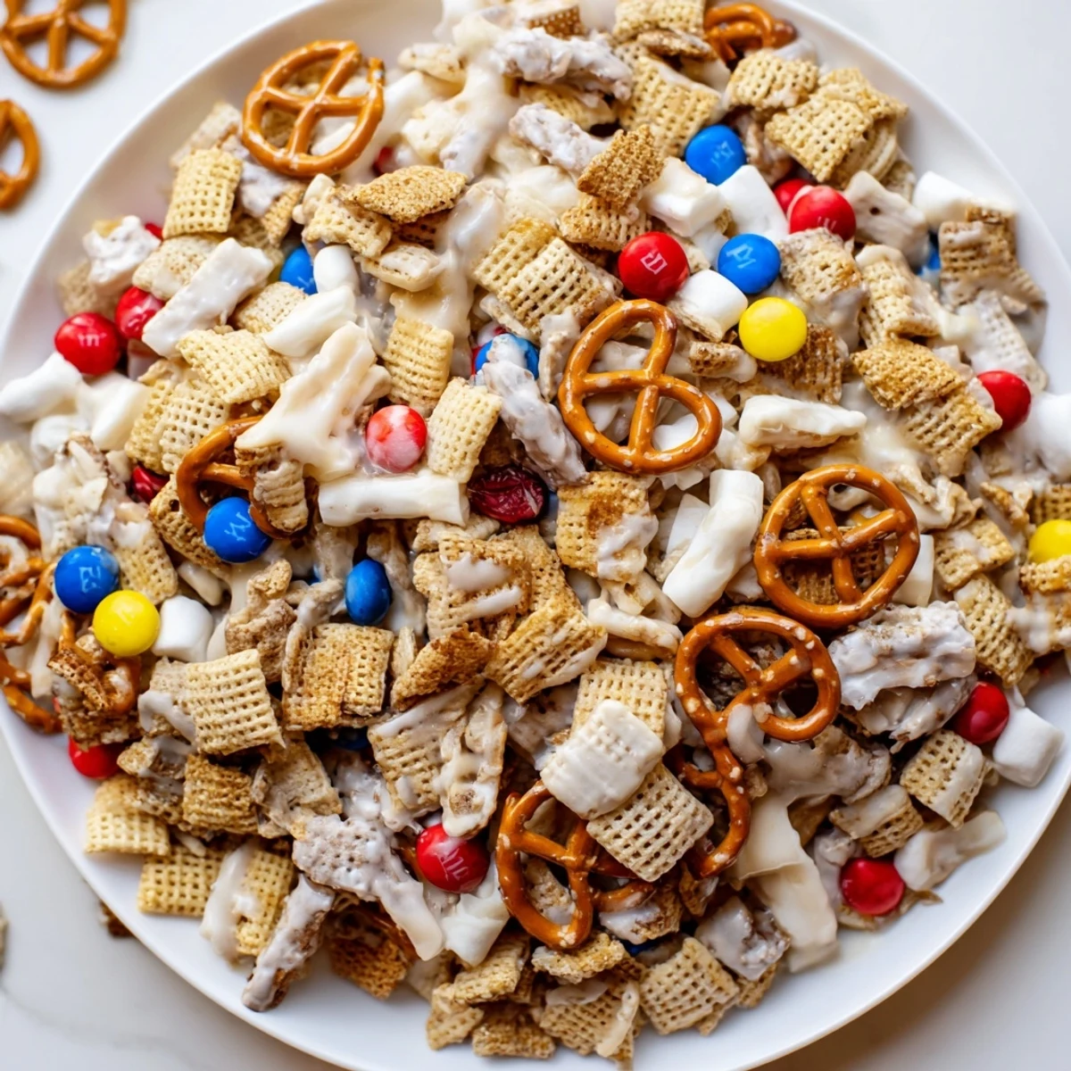 White Trash Snack Mix piled on parchment, glossy white chocolate coating and crunchy