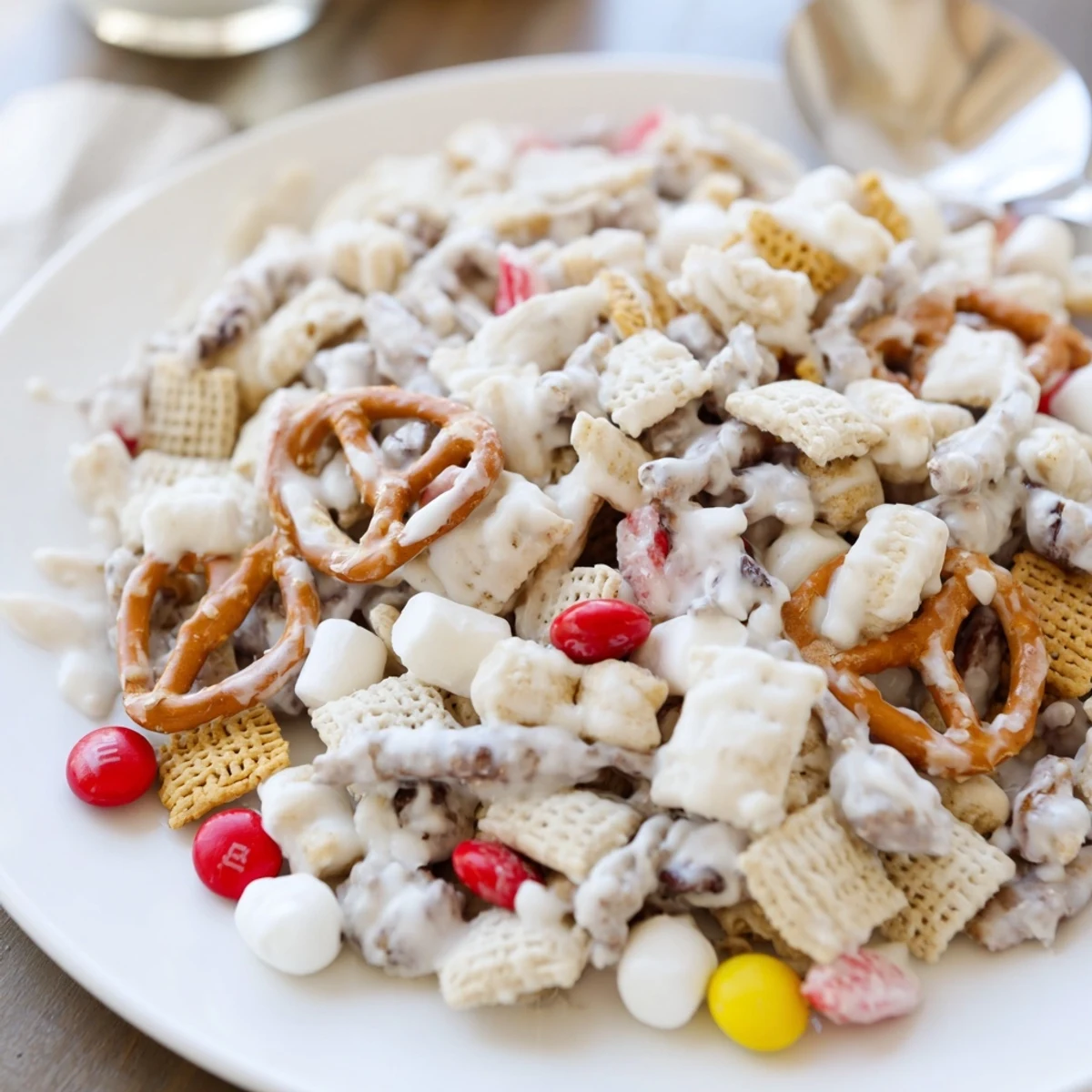 Party-ready White Trash Snack Mix in bowl, colorful candies and salty pretzels