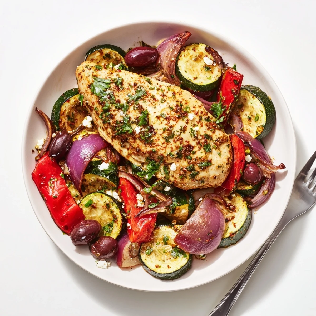 Sheet Pan Mediterranean Chicken Zucchini with golden roasted vegetables, olives, and feta