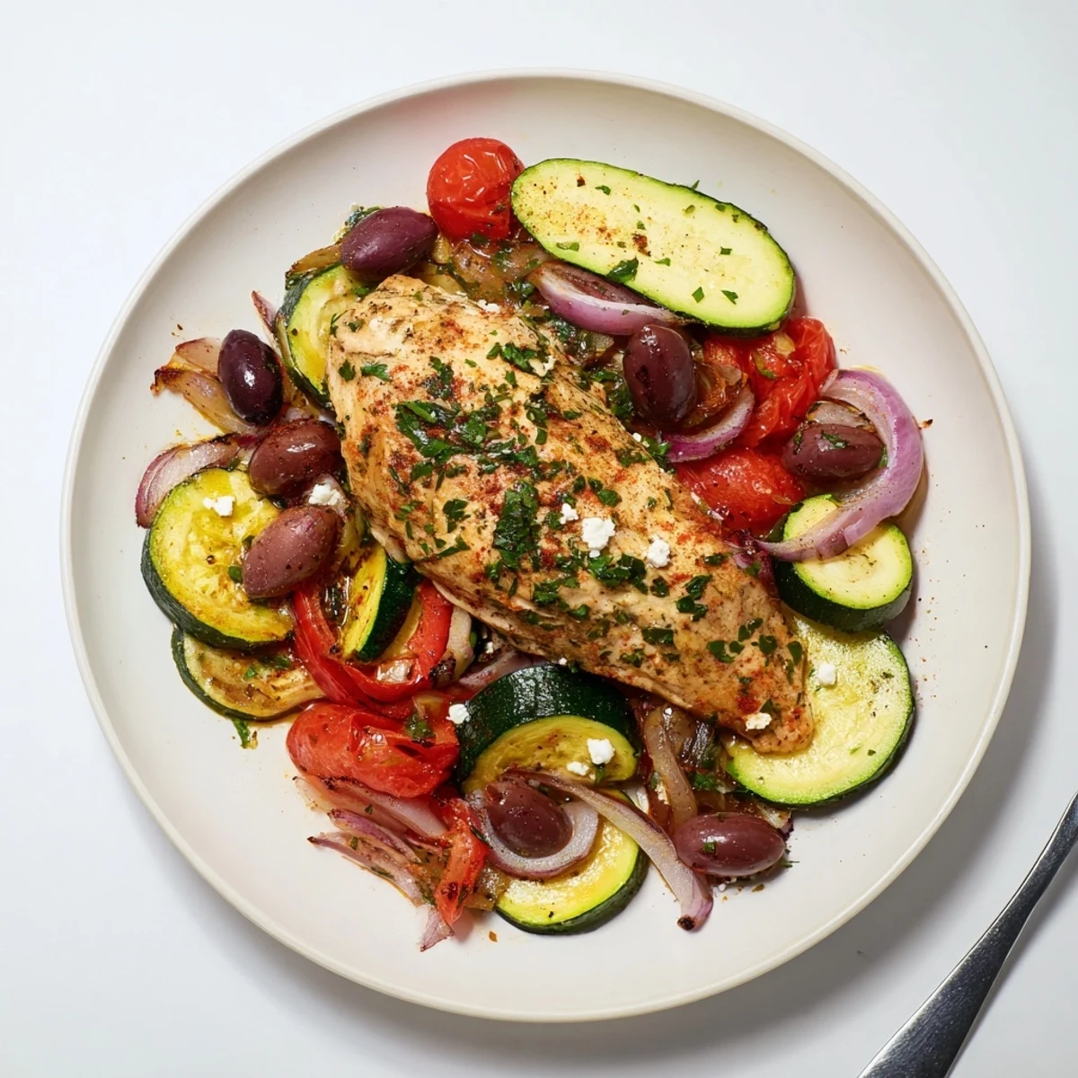 Roasted Sheet Pan Mediterranean Chicken Zucchini steamy, lemony juices spooned over