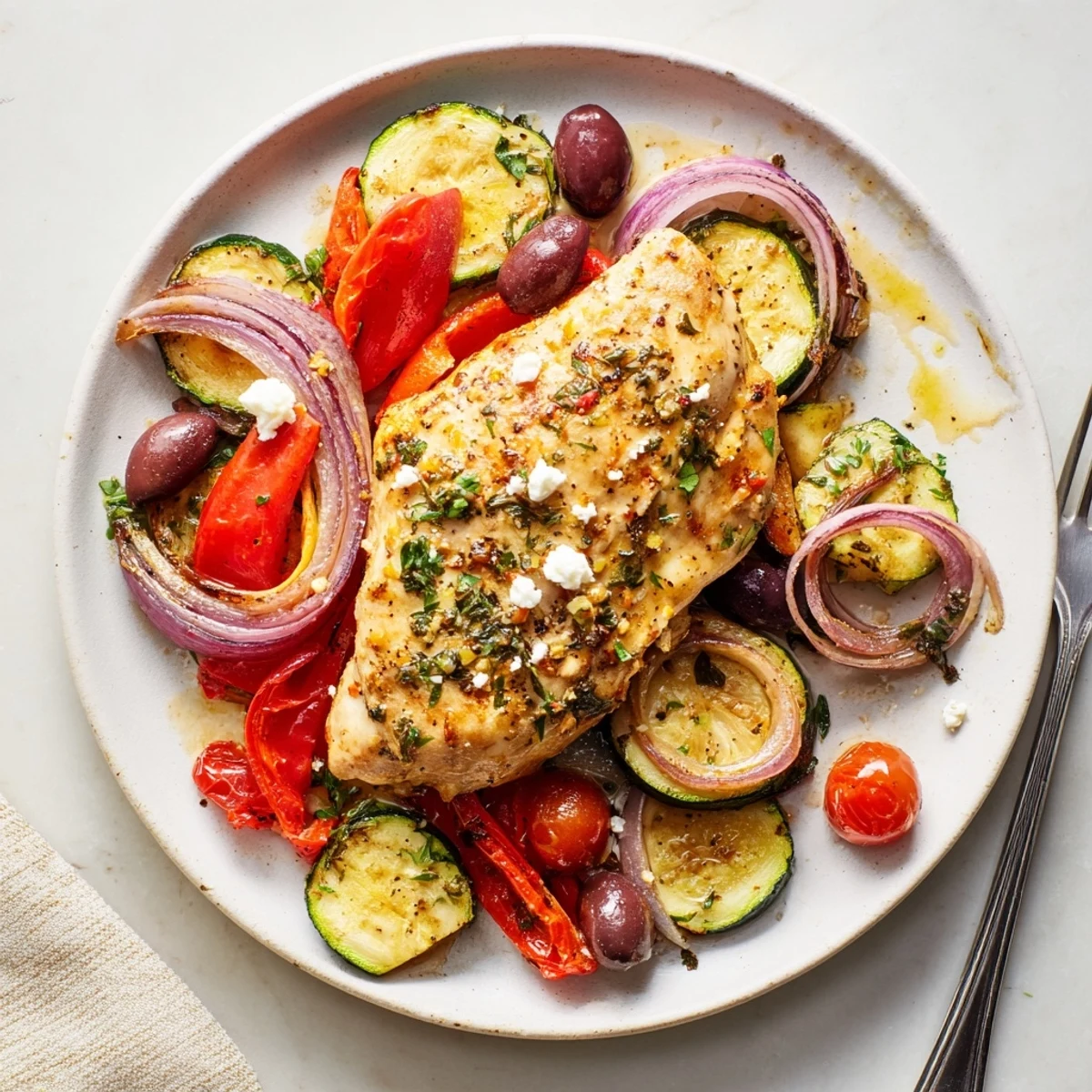 Family style Sheet Pan Mediterranean Chicken Zucchini tender chicken, zucchini slices, parsley garnish