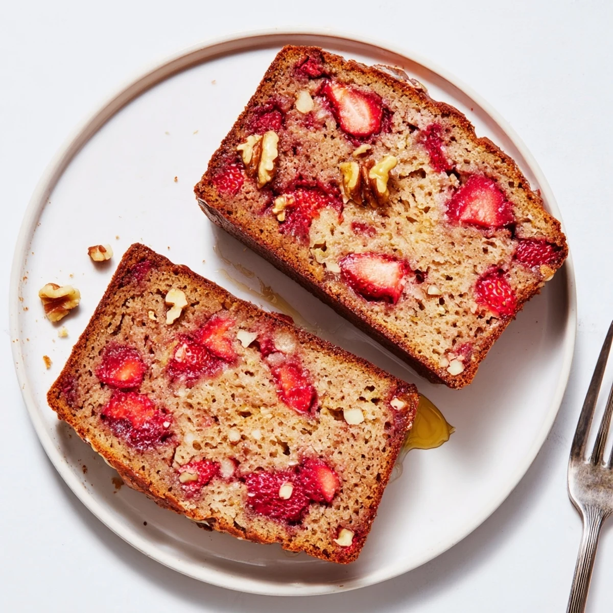 Freshly sliced Strawberry Banana Bread Recipe served warm with melting butter