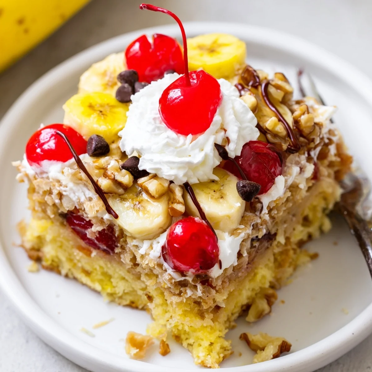 Banana Split Dump Cake with golden bubbling edges, cherry garnish and melted chocolate