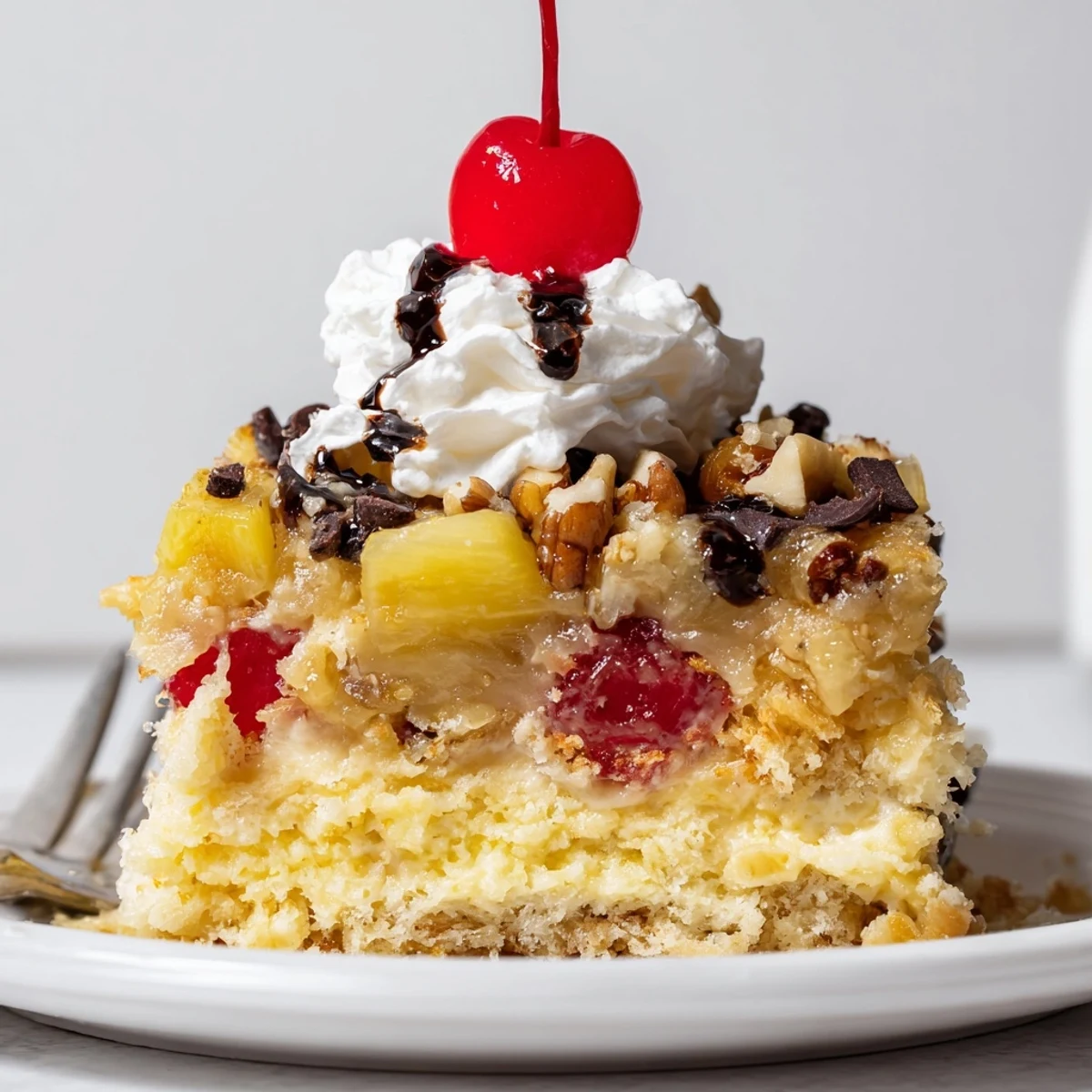 Fresh from oven Banana Split Dump Cake topped with whipped cream and cherries