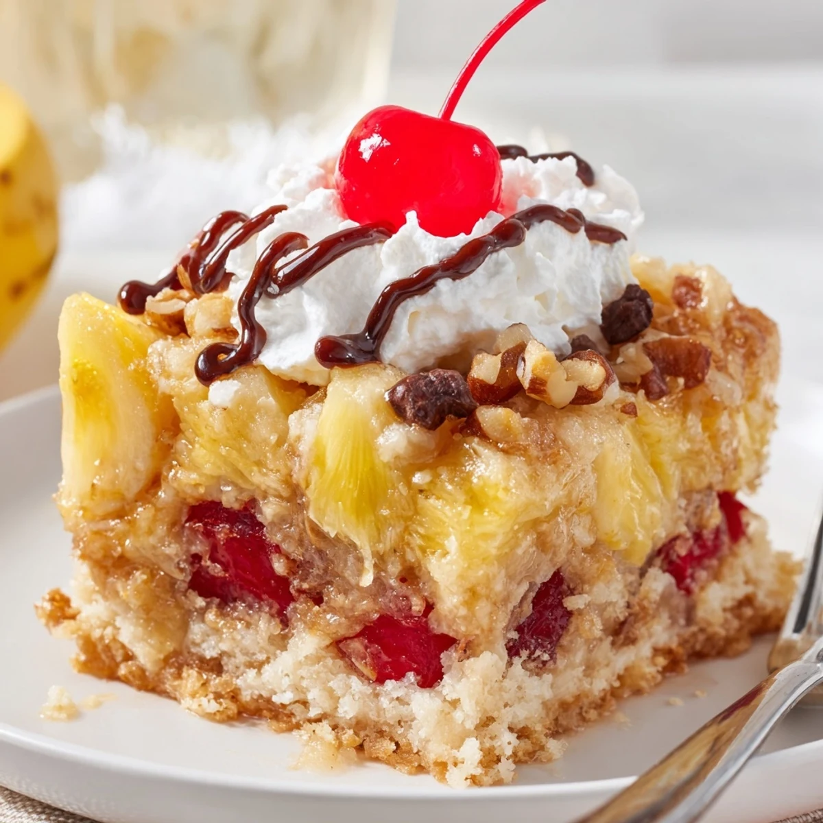 Spoon-ready Banana Split Dump Cake layered with bananas, pineapple, nuts, and ice cream