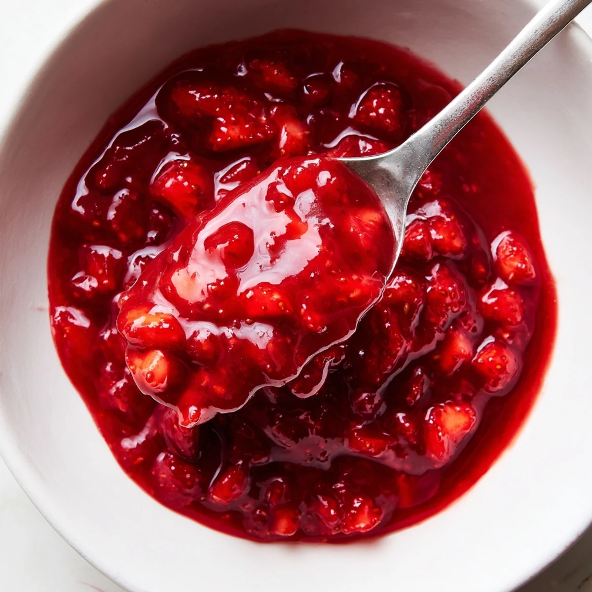 Strawberry Cake Filling Recipe glossy, warm spoonful layered between vanilla cake.