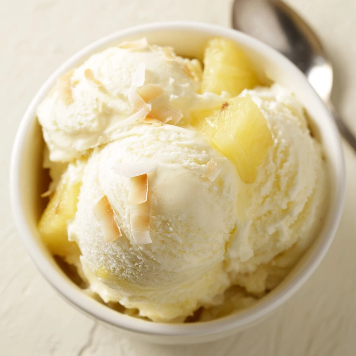 Creamy Pineapple Ice Cream scoops glistening with tropical aroma, served in bowl