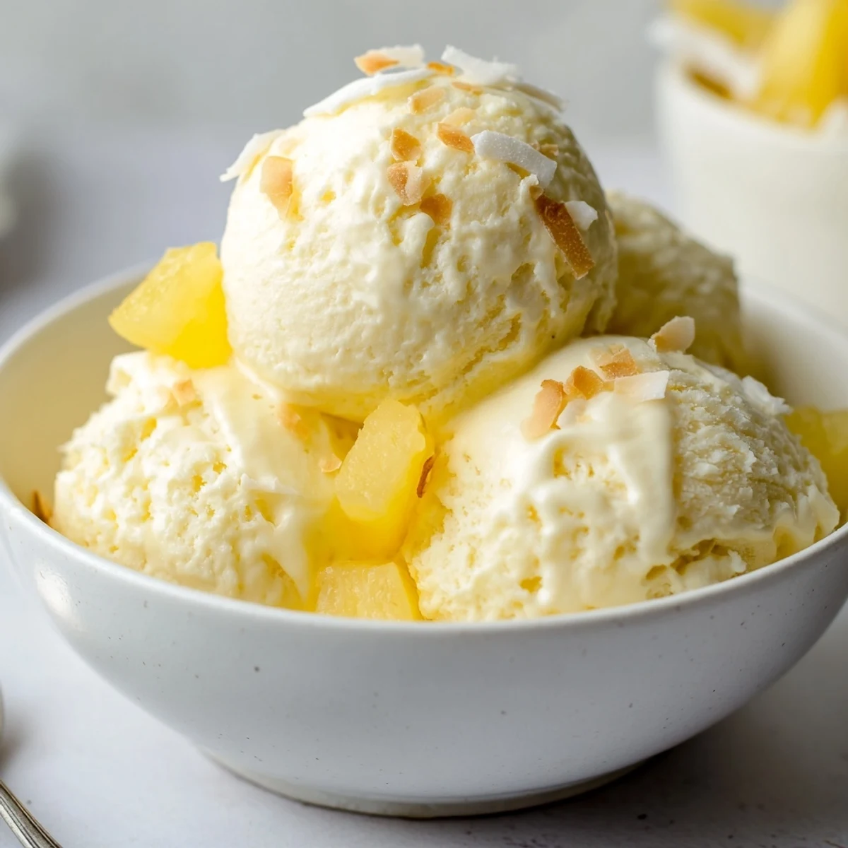 Churned Creamy Pineapple Ice Cream chilled to silky perfection, garnished with mint