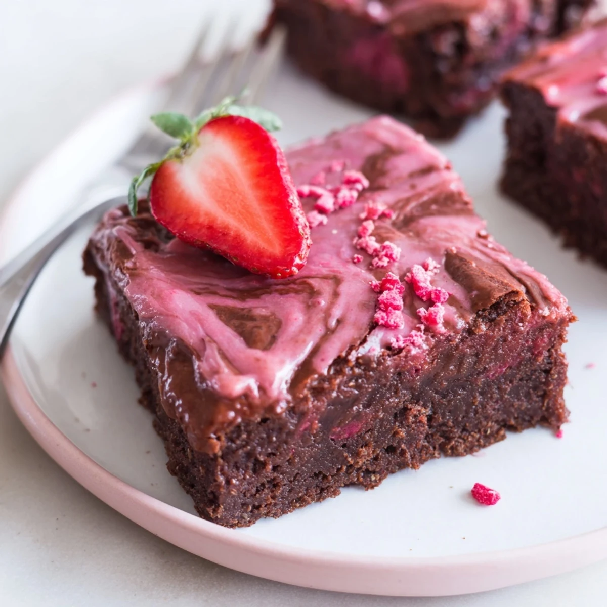 Strawberry Brownies with glossy pink glaze on parchment paper, fudgy center