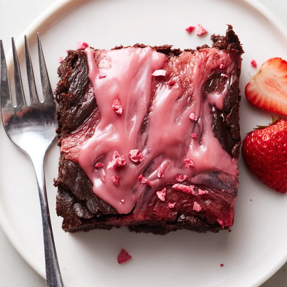 Single slice of Strawberry Brownies topped with whipped cream and fresh strawberries
