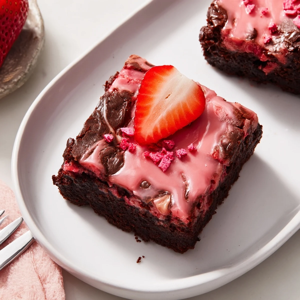 Warm Strawberry Brownies cooling in small baking pan, steam and berry aroma