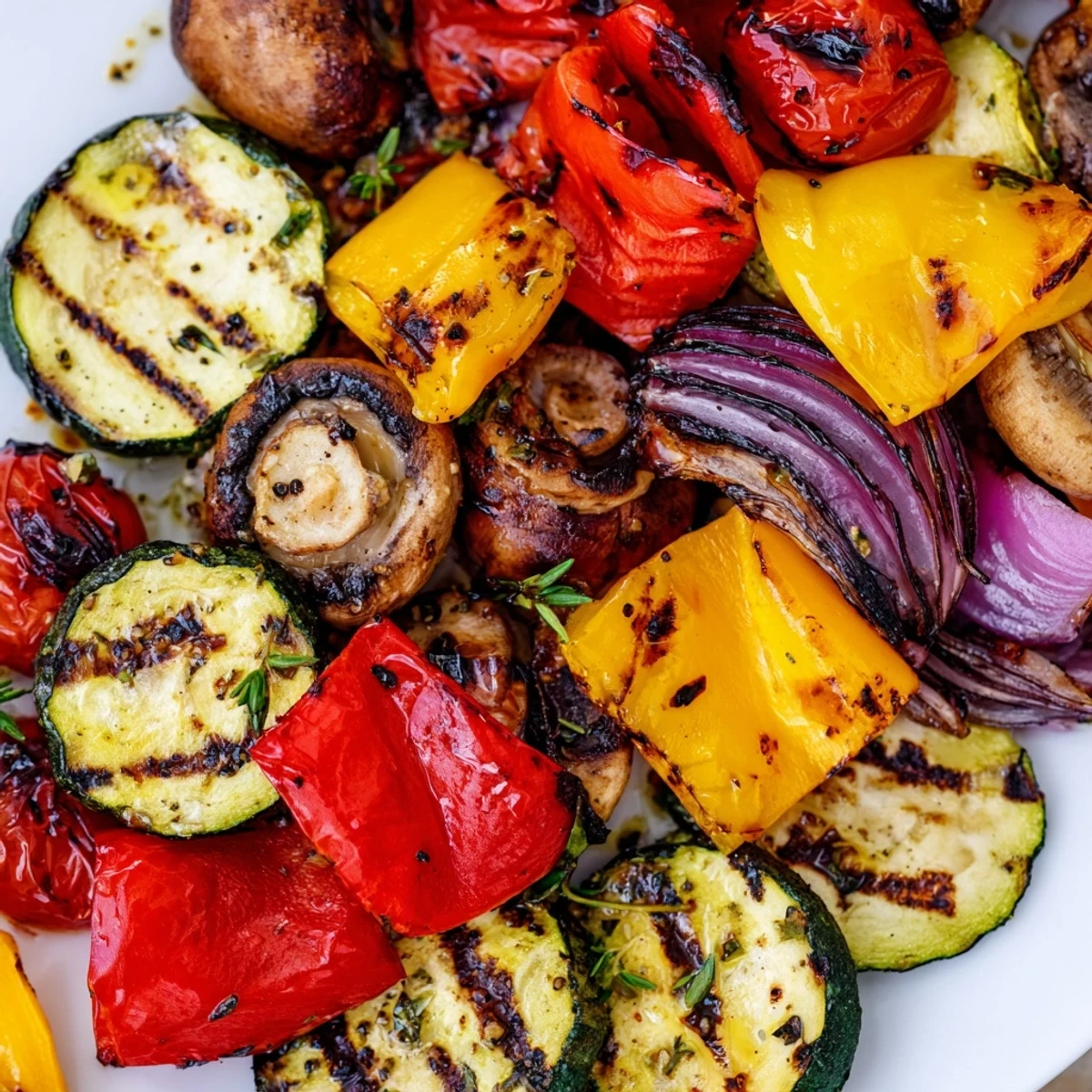 Colorful assortment of charred bell peppers zucchini and eggplant from this BBQ grilled vegetables marinated recipe