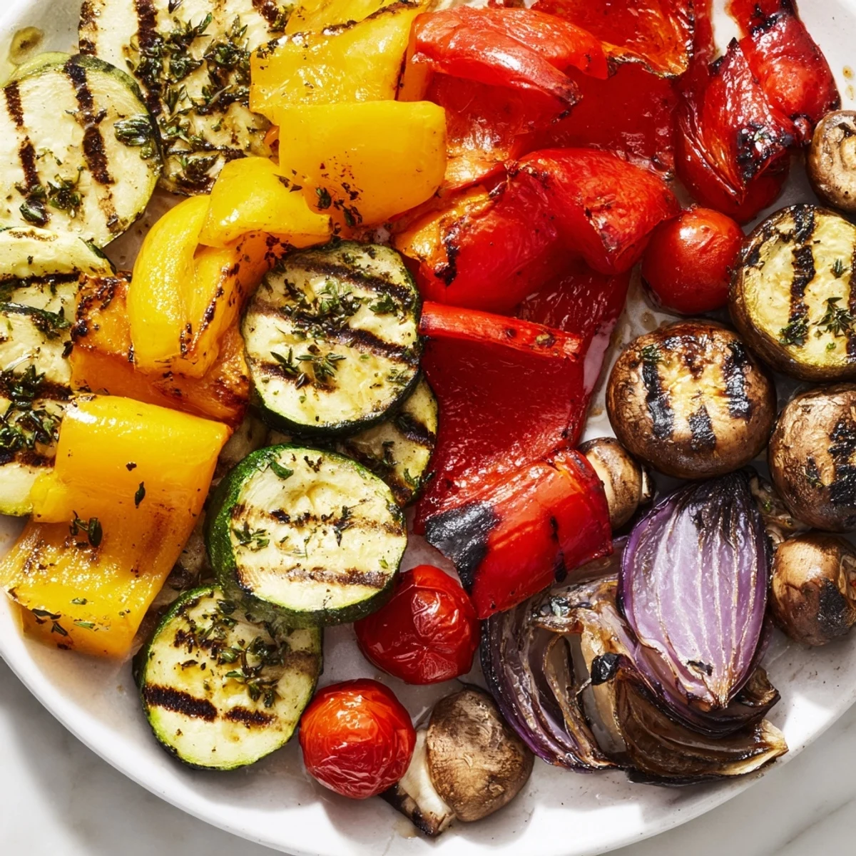 Sizzling platter of herb-marinated grilled vegetables displaying perfect char marks from this BBQ grilled vegetables recipe