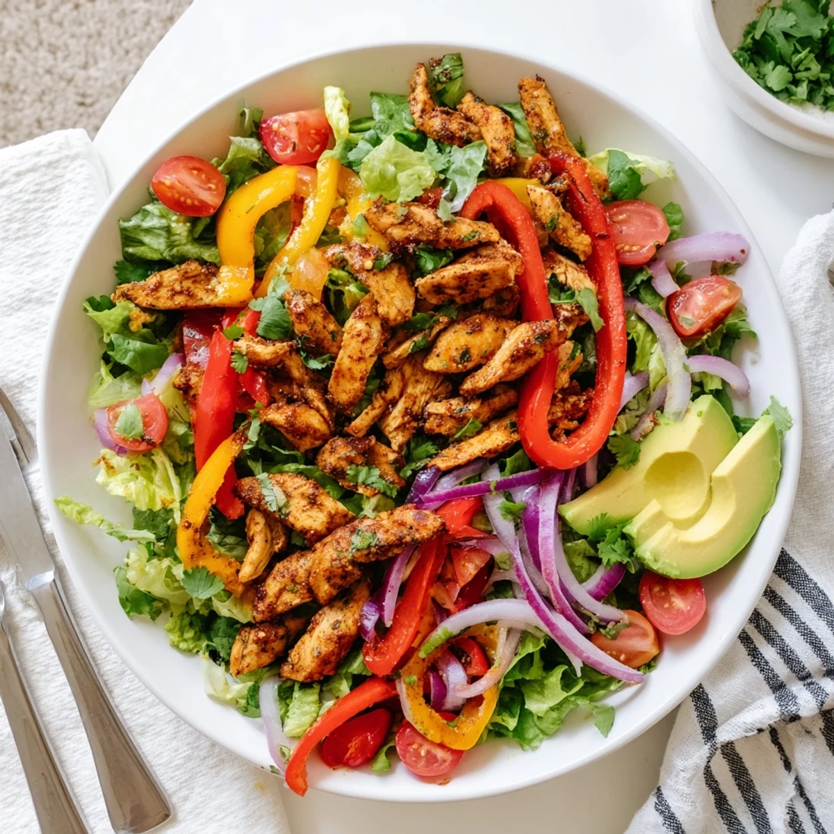 Colorful grilled chicken fajita salad recipe with spiced chicken strips, crisp peppers, and avocado slices on mixed greens