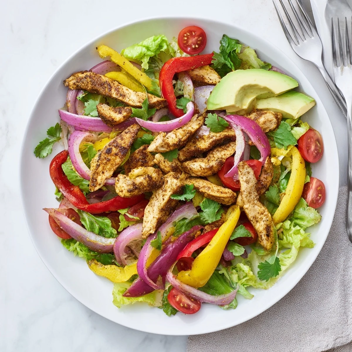 Fresh grilled chicken fajita salad recipe featuring juicy seasoned meat over colorful bell peppers and vegetables