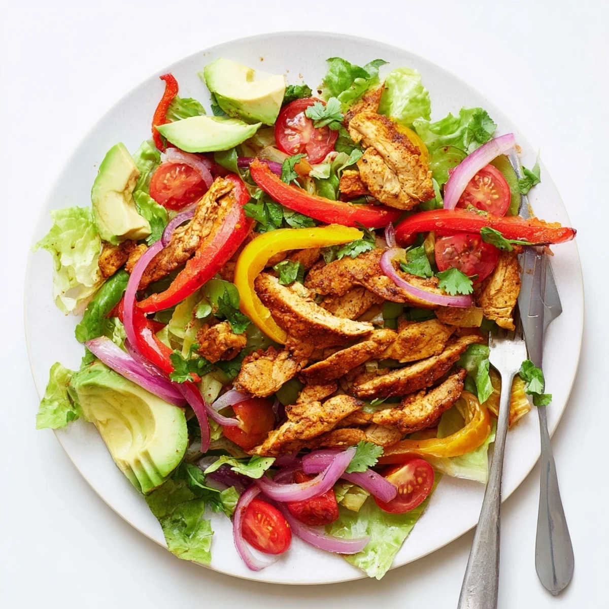 Healthy grilled chicken fajita salad recipe topped with warm marinated chicken, crisp veggies, and zesty lime dressing