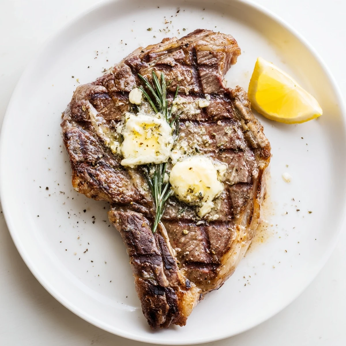 Perfectly grilled steak with savory char marks resting on a wooden cutting board with melted butter