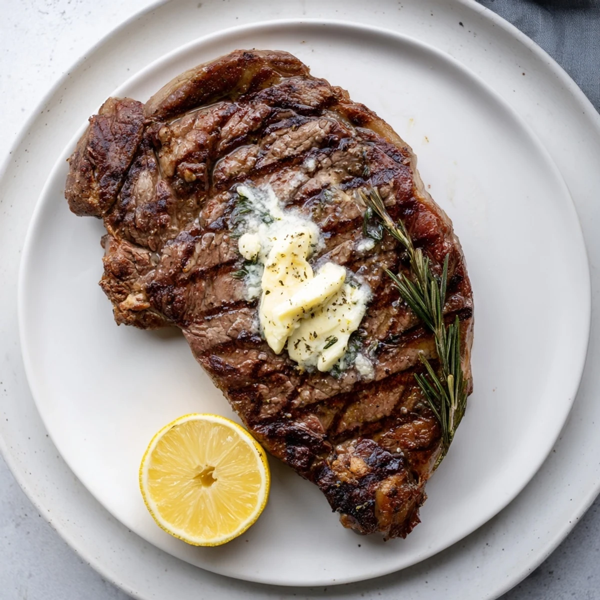 Tender medium-rare beef steak topped with garlic butter and served with lemon wedges on a white plate