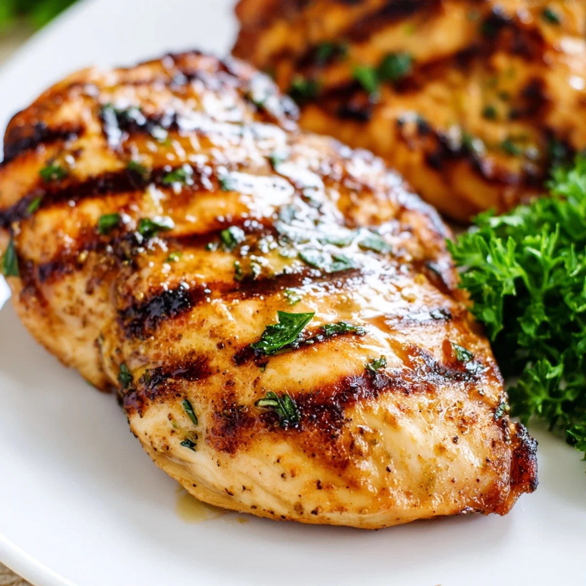 Juicy grilled chicken recipe featuring char marks and fresh herb garnish on a white plate