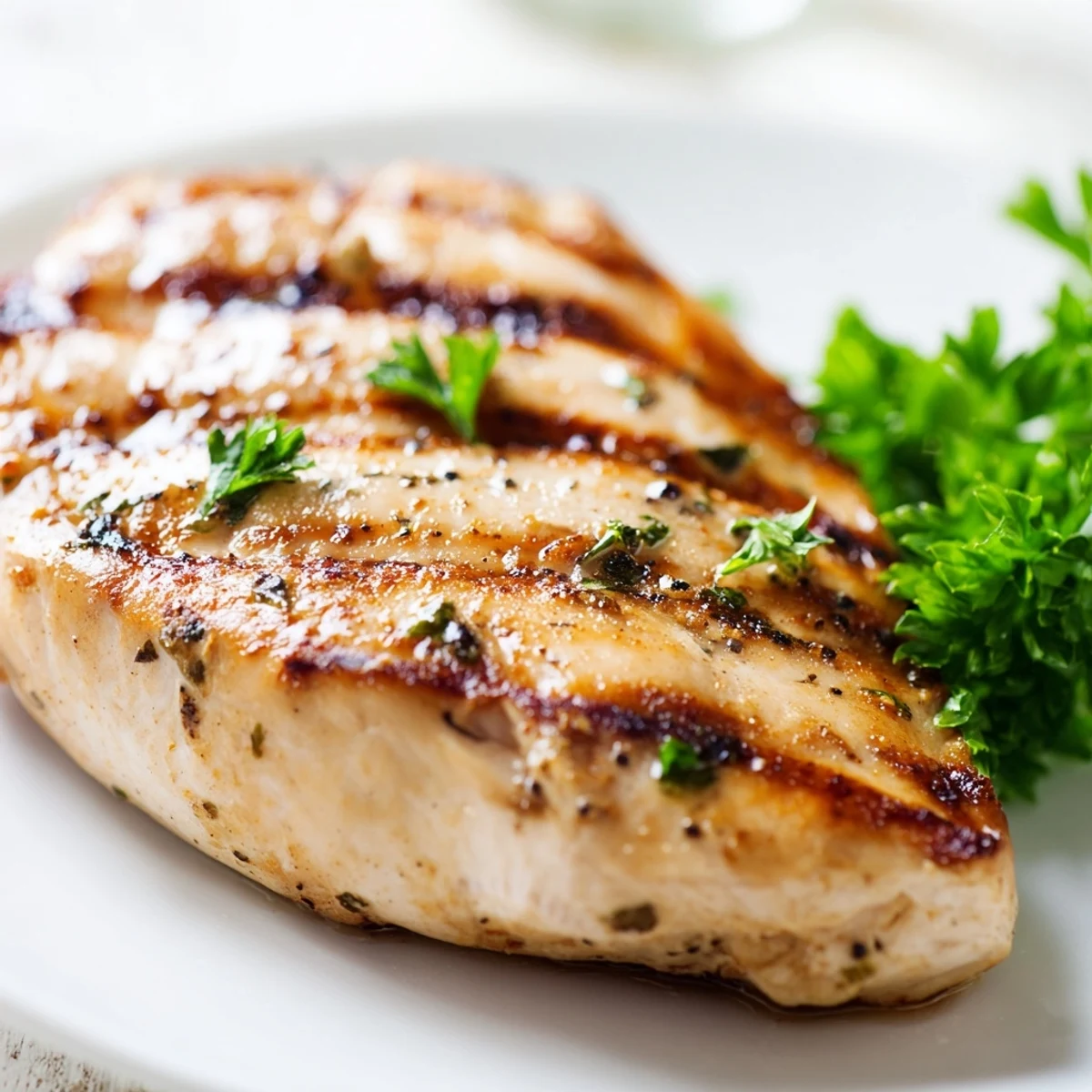 Flavorful grilled chicken recipe with golden brown sear and lemon wedge garnish