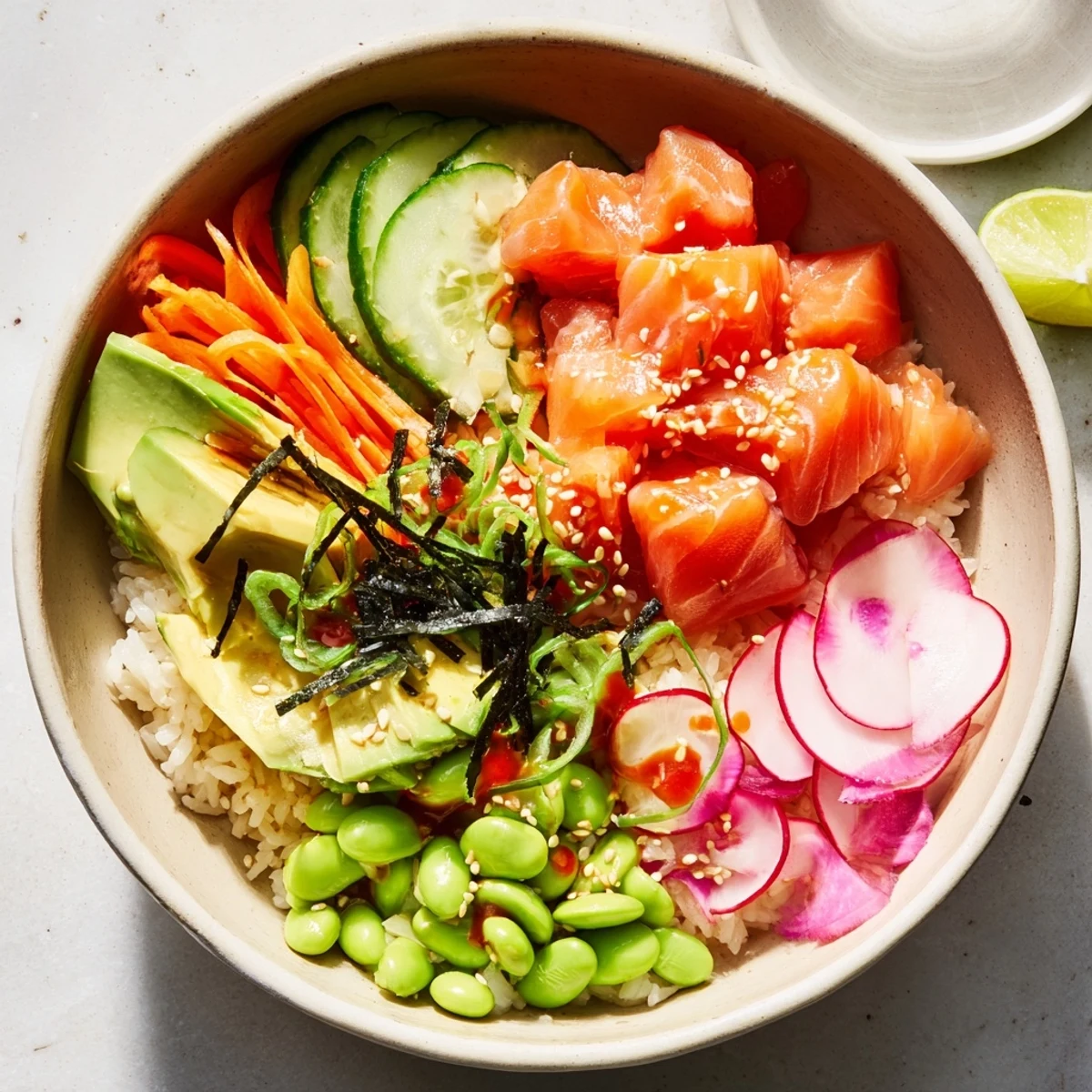 Hawaiian-style salmon and avocado poke bowl topped with crisp veggies and sesame seeds