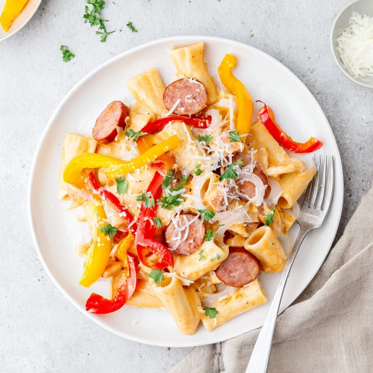 Creamy Cajun sausage pasta with sliced andouille, colorful peppers, and onions in a spicy sauce