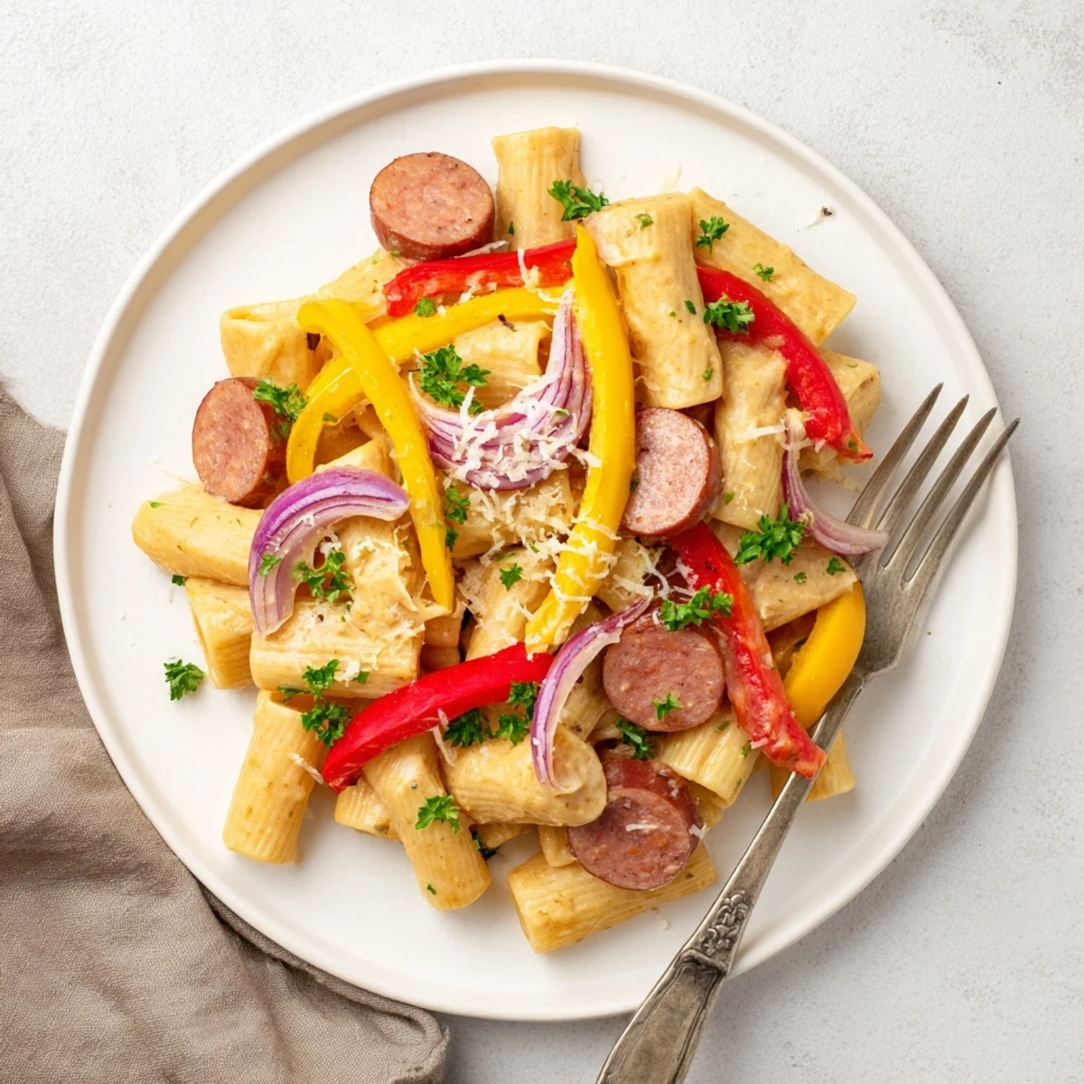 Hearty bowl of Cajun sausage pasta topped with fresh parsley and grated Parmesan cheese