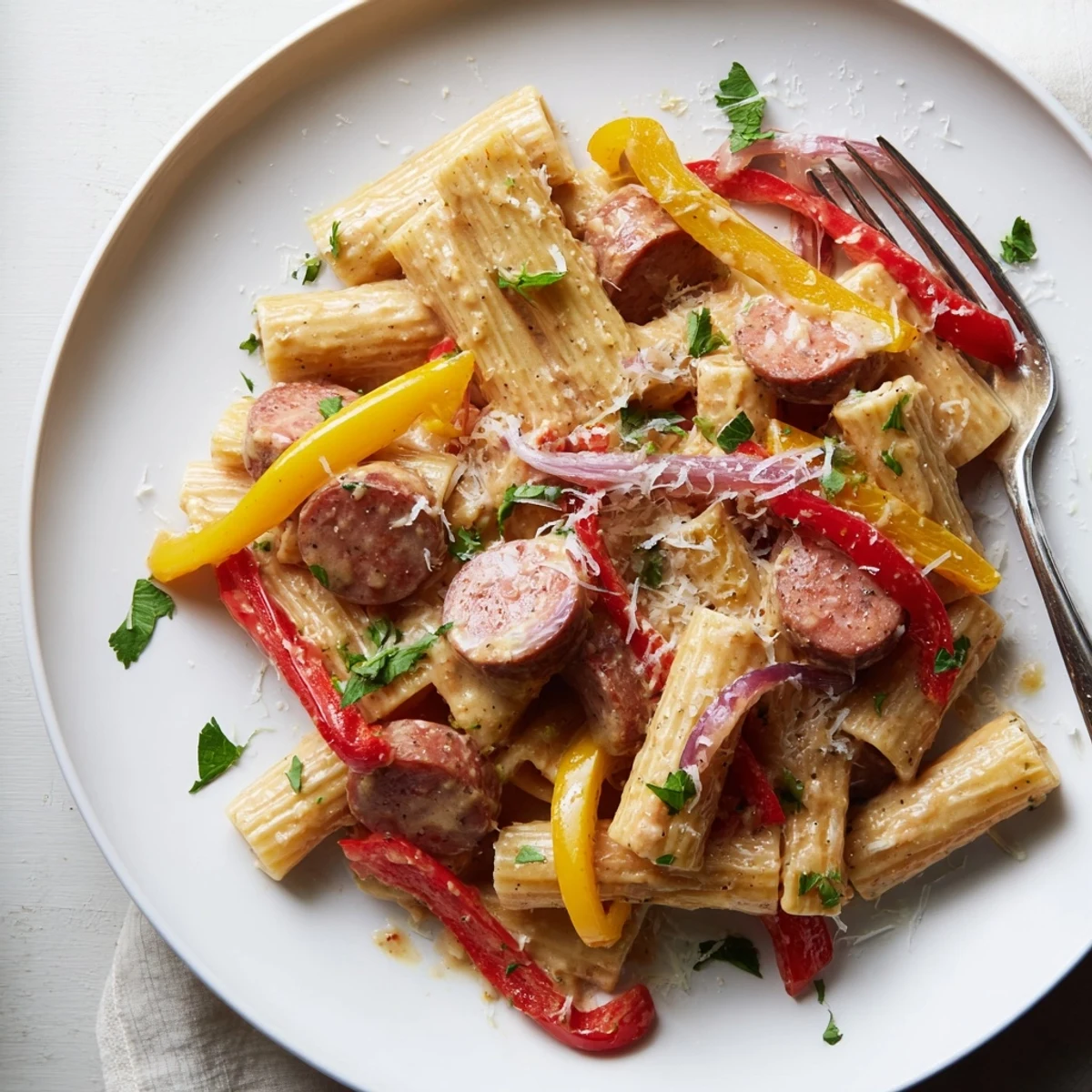 Spicy Cajun sausage pasta featuring smoky meat, bell peppers, and rich creamy sauce on a white plate
