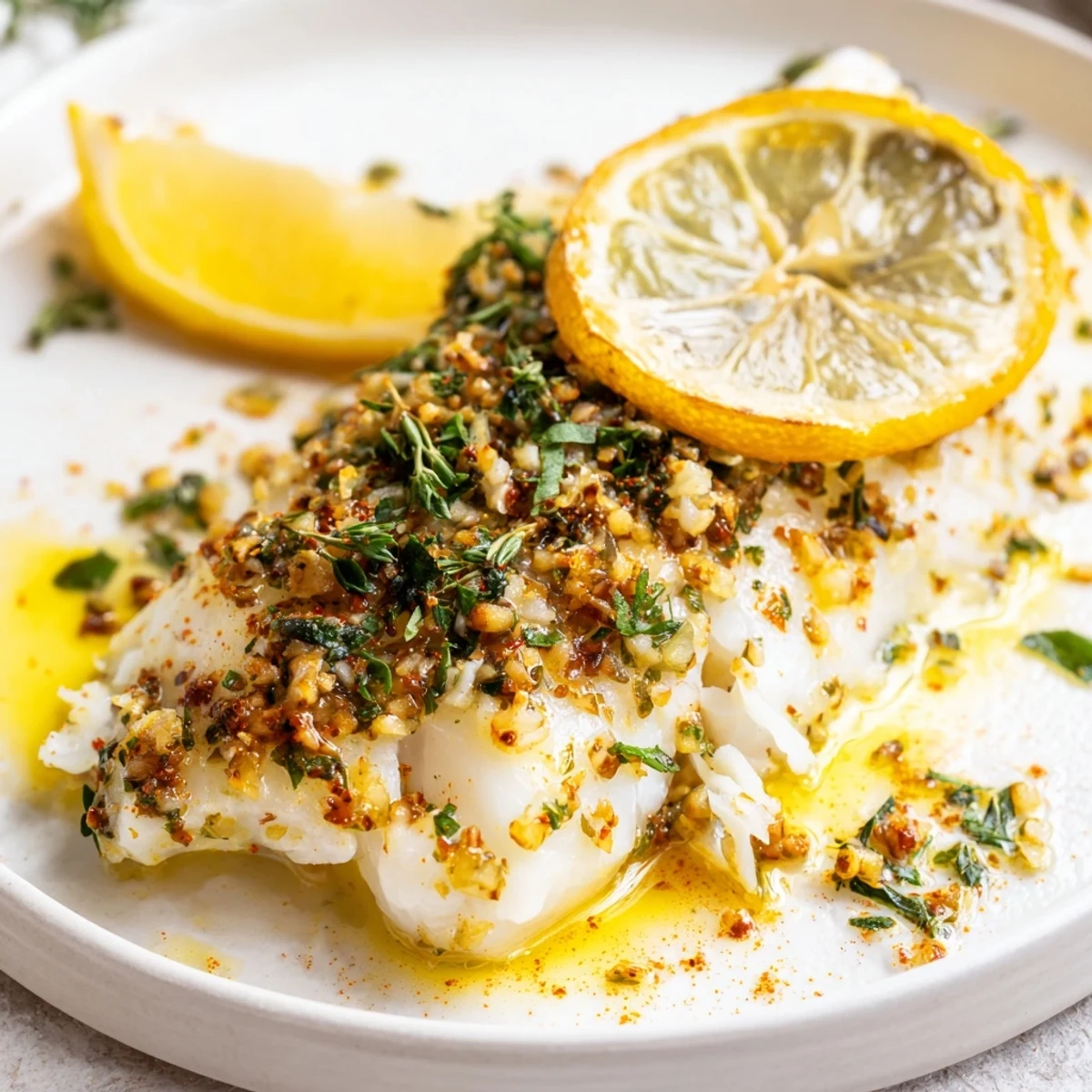 Healthy gluten-free baked cod drizzled with lemon juice olive oil and sprinkled with fresh thyme leaves