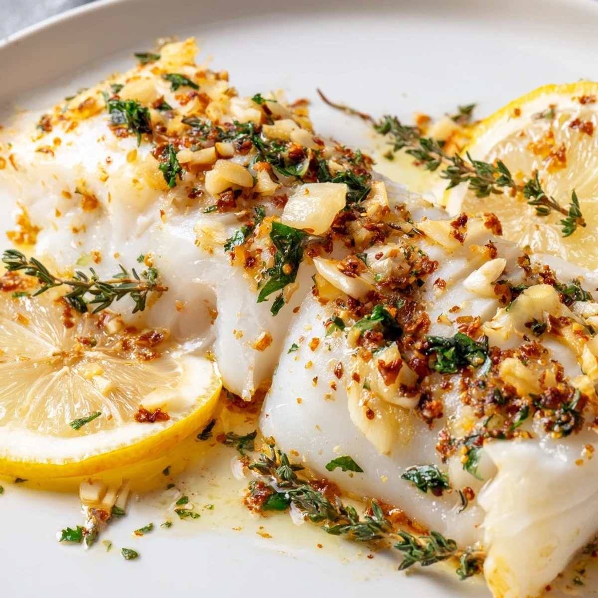 Golden baked cod fillets with fresh lemon slices and green parsley garnish on a white baking dish