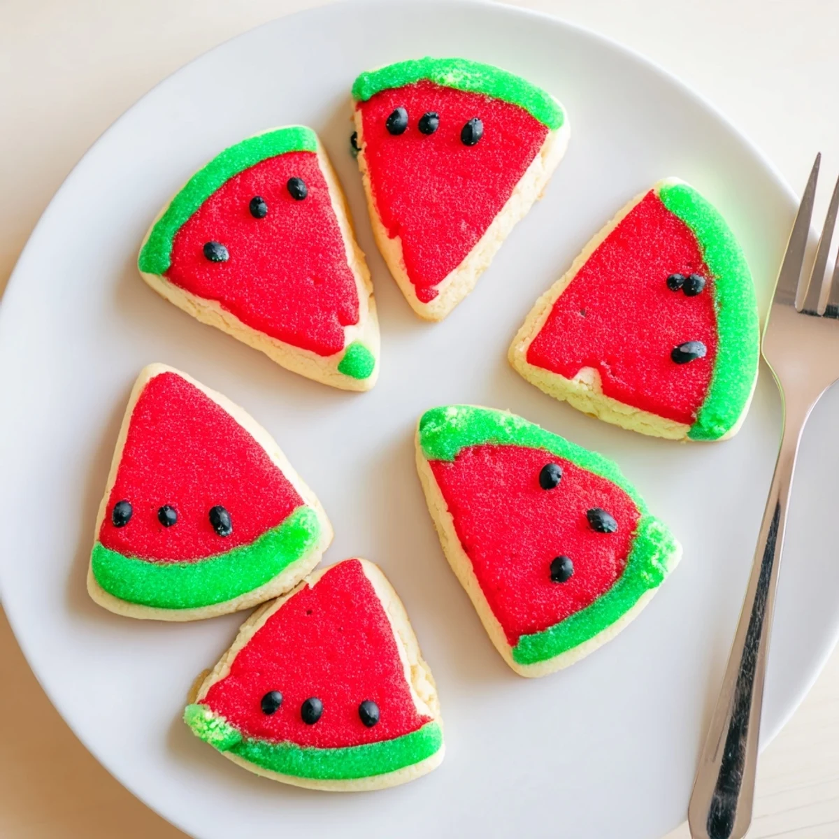 Freshly baked watermelon slice cookies arranged on a white platter with mini chocolate chip seeds