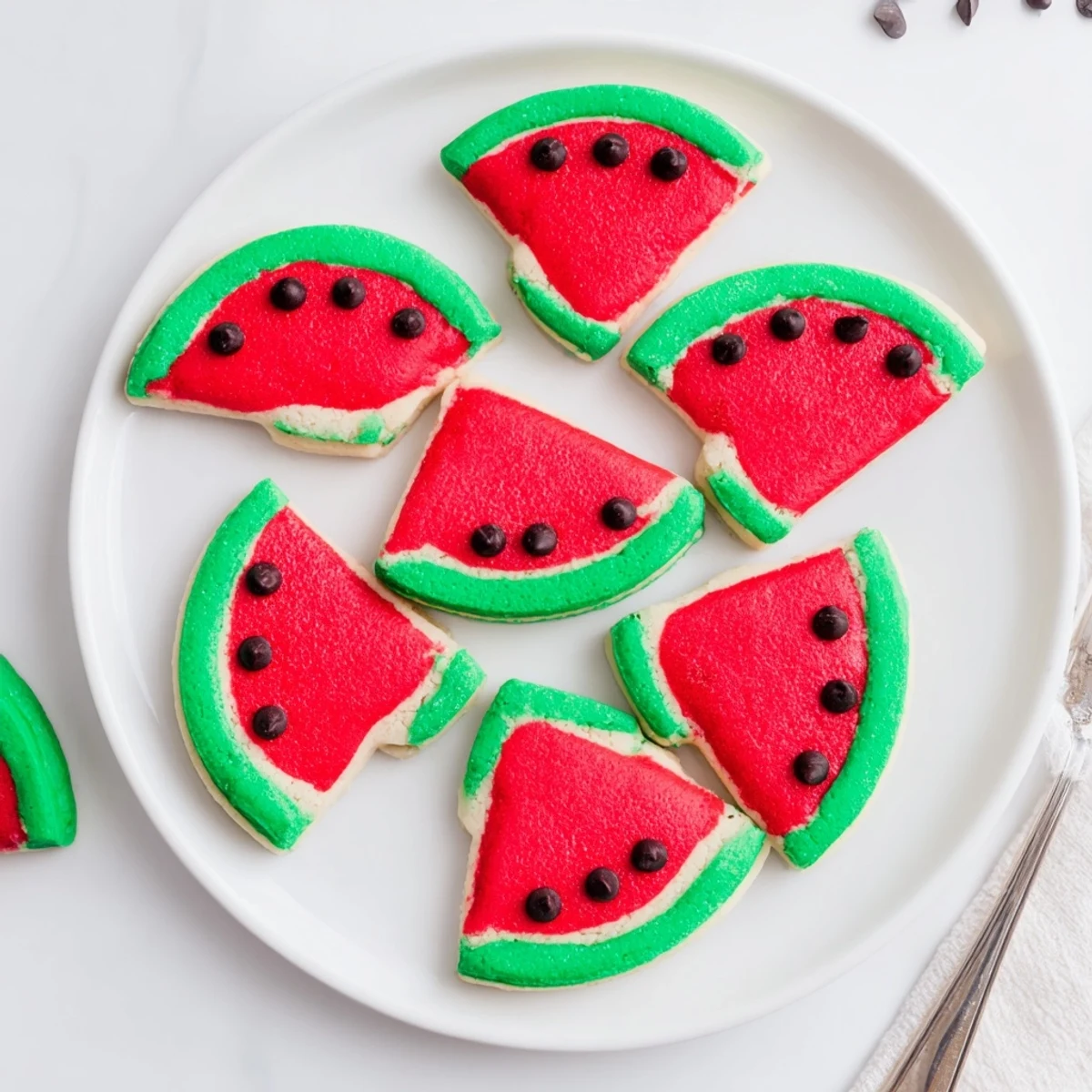 Handheld watermelon slice cookie showing detailed red center, green rind, and chocolate chip seeds