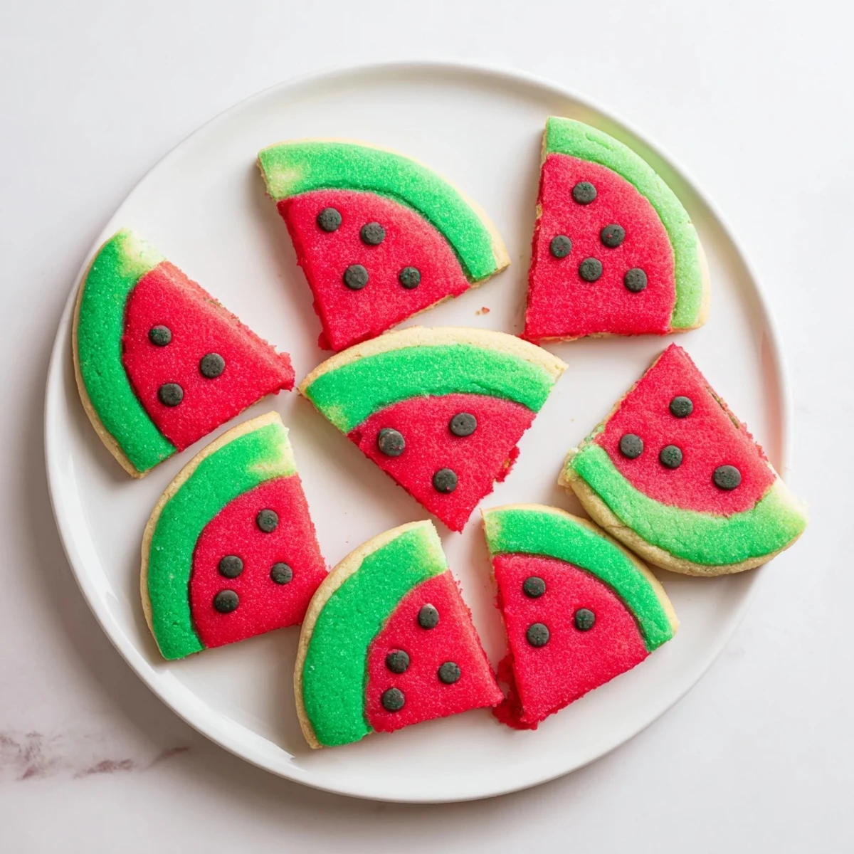 Vibrant red and green watermelon slice cookies cooling on a wire rack after baking