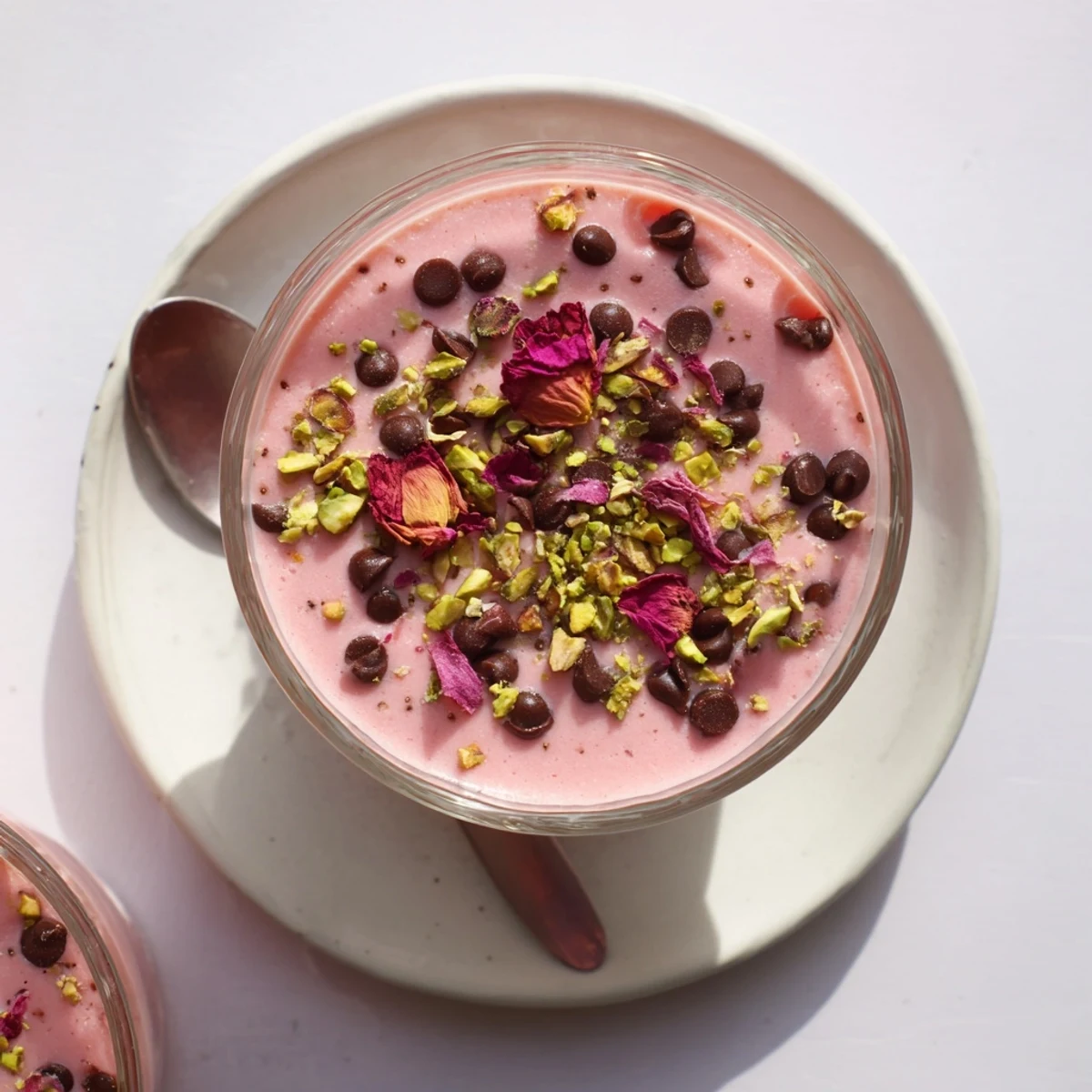 Sicilian watermelon pudding topped with crushed pistachios and chocolate chips in clear glass